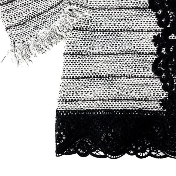 Chico's EUC Women's 0 Black White Laced Fringe Cardigan Cotton Blend Tweed - Picture 3 of 11